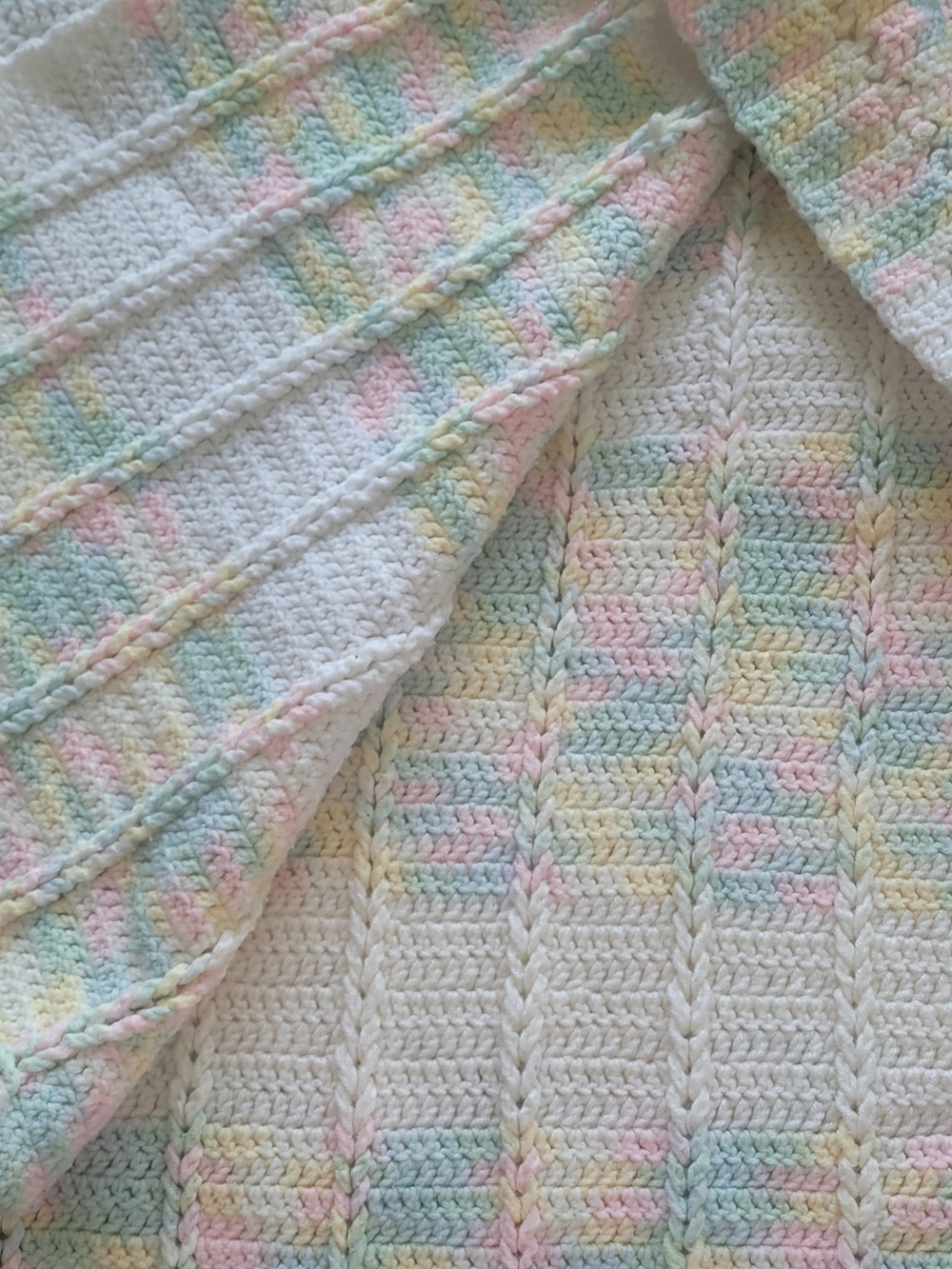 Handmade Crocheted Baby Blanket - Pastel Multi on White